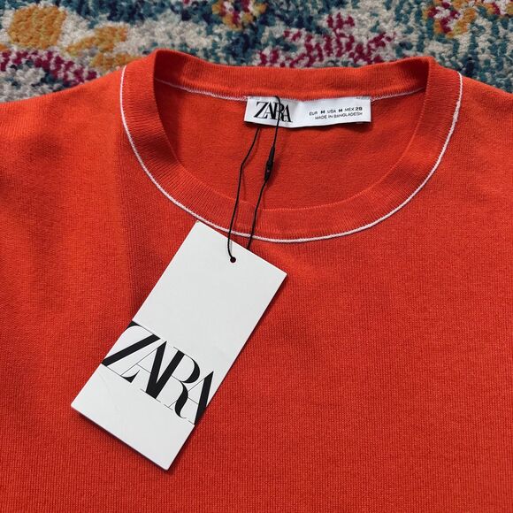 NWT Zara Orange Short Sleeve Knit Top with White Contrast Piping Size M - Picture 3 of 6